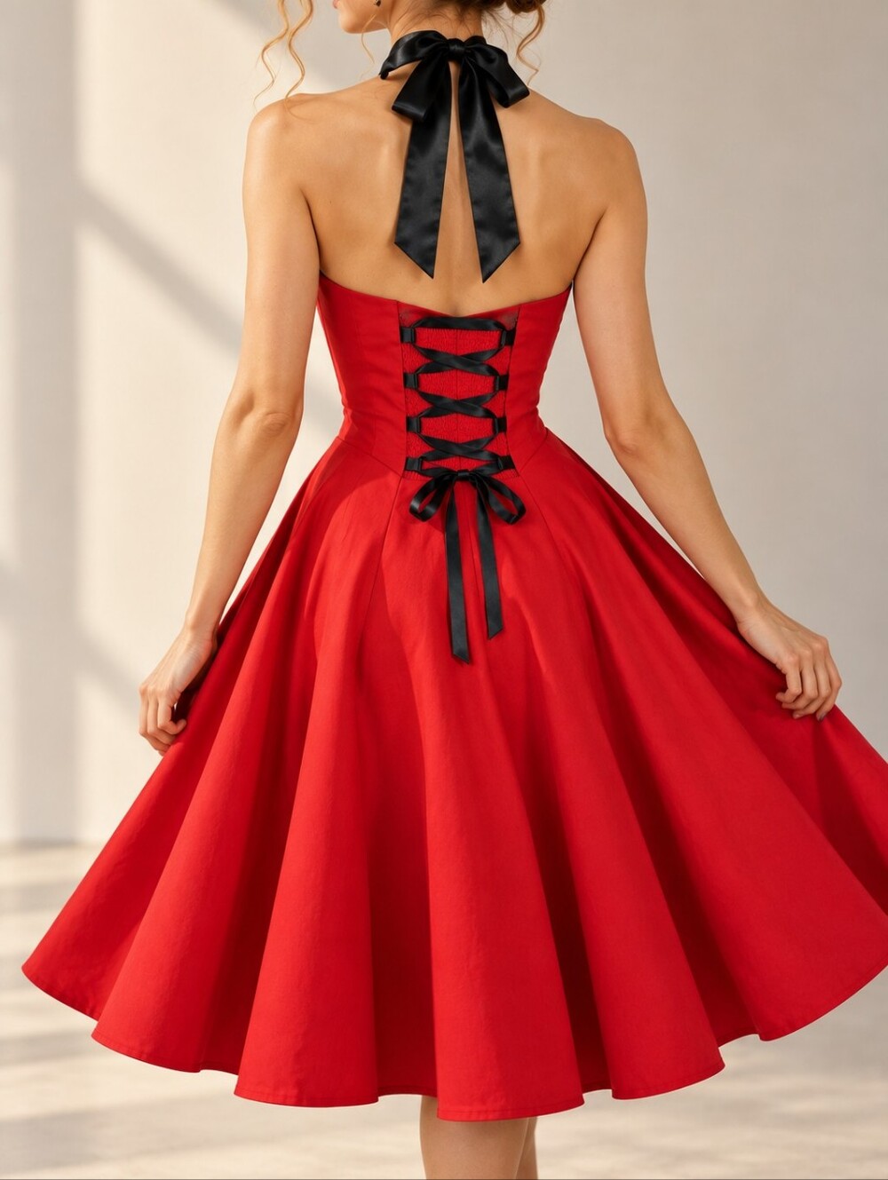 Dress Tells Red Black Corset Halter Swing Dress Retro Pinup Rockabilly